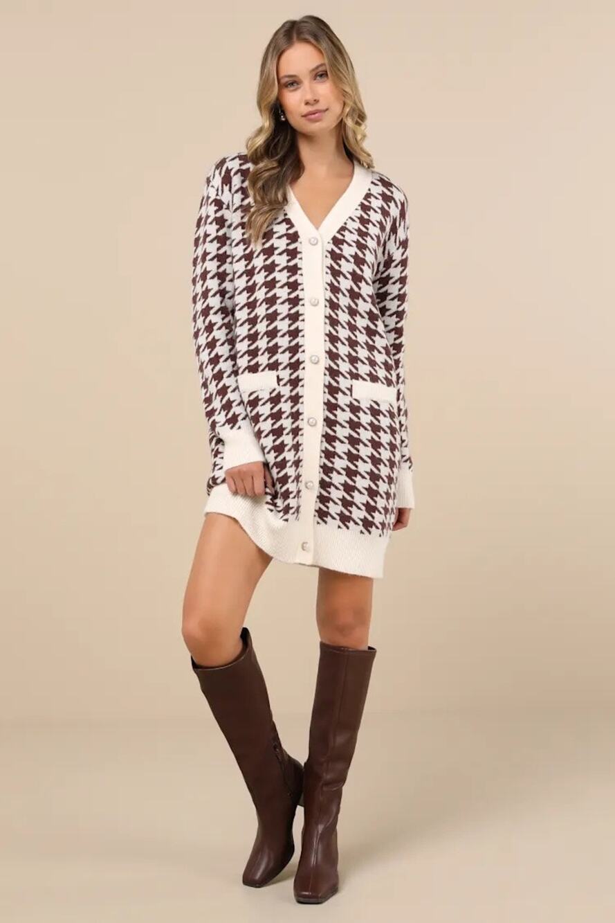 Lulus x LUSH Truly Iconic Ivory and Brown Houndstooth Cardigan Sweater Dress